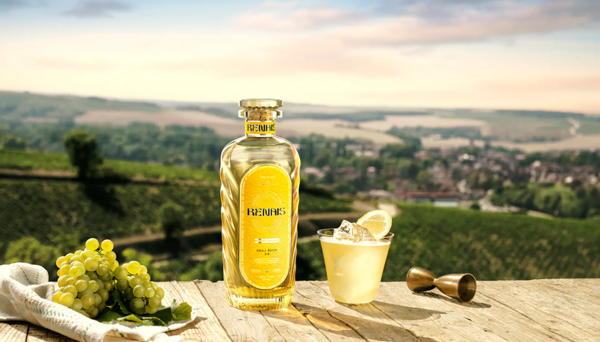 Renais Gin bottle overlooking the vineyards